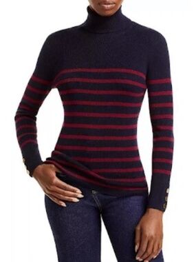 Vanessa Bruno Wool Blend Navy Turtleneck Sweater with Red Stripes Large